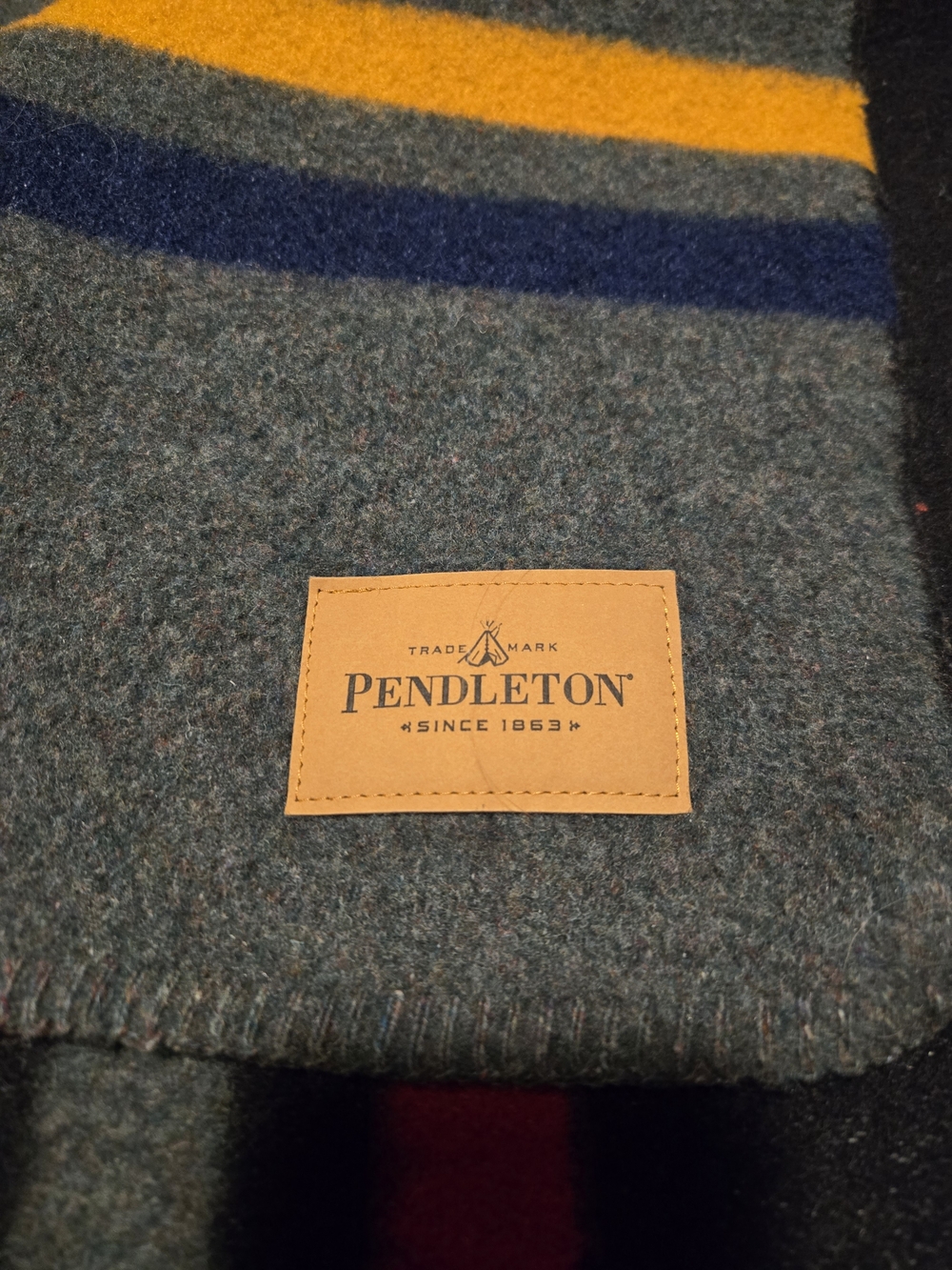 Pendleton Gray Wool Blanket with Red, Yellow, Blue and Black Stripes - Twin - Picture 4 of 6